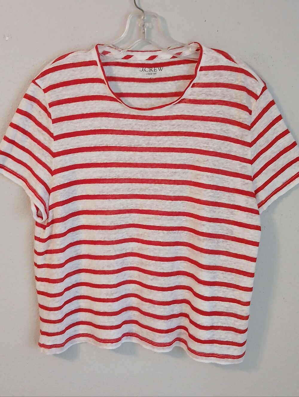 J. Crew White Tee with Red Stripes Short Sleeve 100 % Linen Size Large